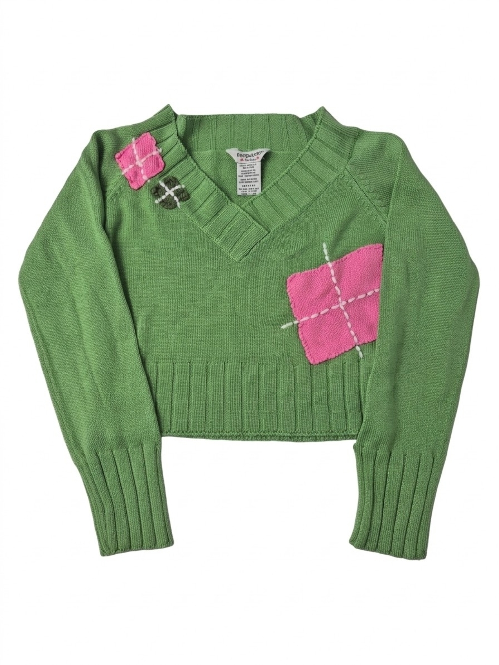 Vintage Y2K Guess Jeans Girls Cropped Patchwork Knit V-Neck Sweater Size M 5 6